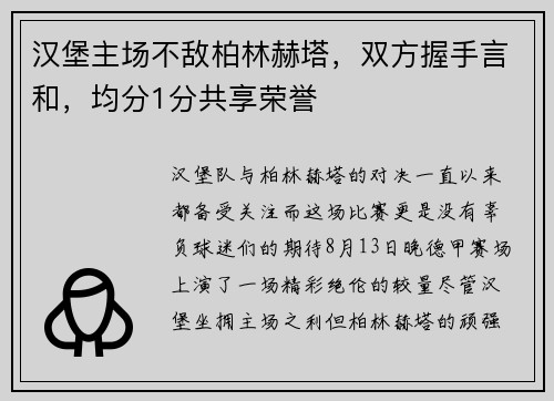 汉堡主场不敌柏林赫塔，双方握手言和，均分1分共享荣誉